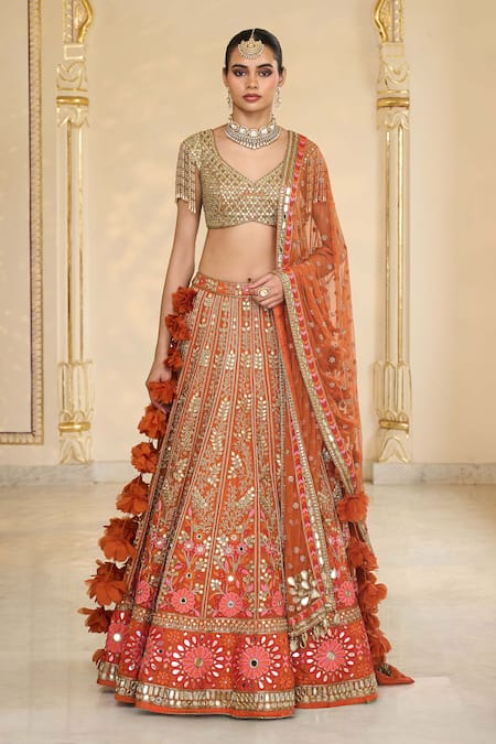 Shop Arpita Mehta Orange Organza, Net Mirrors, Embroidery, Tassels, Thread And Bridal Lehenga Set Online at Aza Fashions Shop_Arpita Mehta_Orange Organza, Net Mirrors, Embroidery, Tassels, Thread And Bridal Lehenga Set _Online_at_Aza_Fashions