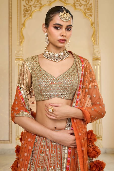 Arpita Mehta Orange Organza, Net Mirrors, Embroidery, Tassels, Thread And Bridal Lehenga Set at Aza Fashions Arpita Mehta_Orange Organza, Net Mirrors, Embroidery, Tassels, Thread And Bridal Lehenga Set _at_Aza_Fashions