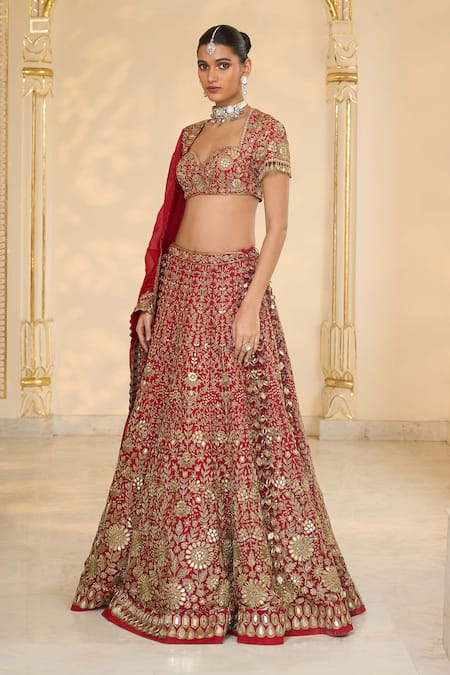 Arpita Mehta_Red Organza, Silk Embroidery, Mirrors, Zari, Floral Hand Bridal Lehenga Set _Online_at_Aza_Fashions