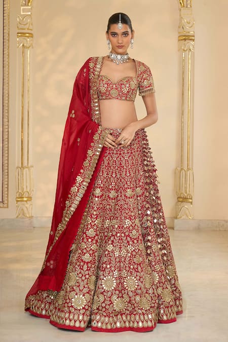 Shop_Arpita Mehta_Red Organza, Silk Embroidery, Mirrors, Zari, Floral Hand Bridal Lehenga Set _Online_at_Aza_Fashions