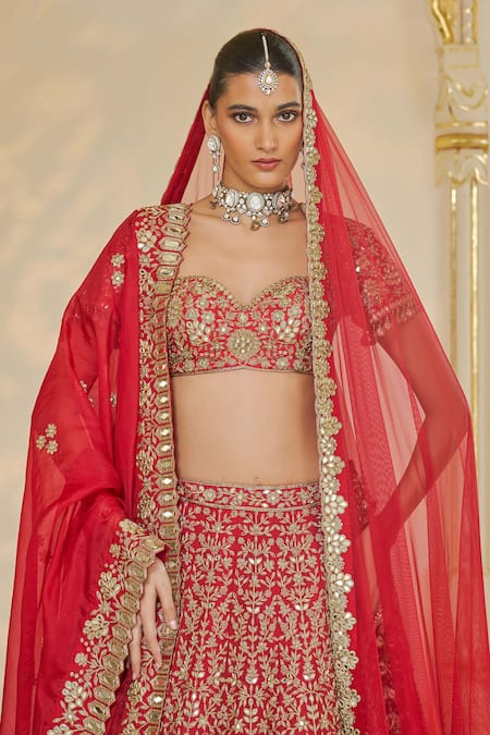 Arpita Mehta_Red Organza, Silk Embroidery, Mirrors, Zari, Floral Hand Bridal Lehenga Set _at_Aza_Fashions