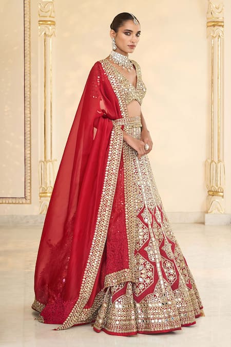 Arpita Mehta_Red Organza, Net Mirrors, Embroidery, Metallic Hand And Bridal Lehenga Set _Online_at_Aza_Fashions