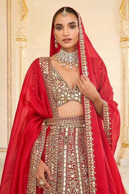 Arpita Mehta_Red Organza, Net Mirrors, Embroidery, Metallic Hand And Bridal Lehenga Set _at_Aza_Fashions