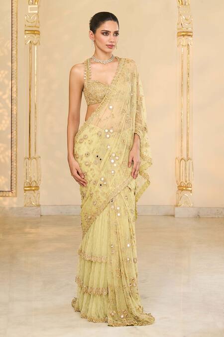 Arpita Mehta_Green Net Embroidery, Mirrors, Zari Sweetheart Jaal Ruffle Pre-draped Saree Set _Online_at_Aza_Fashions