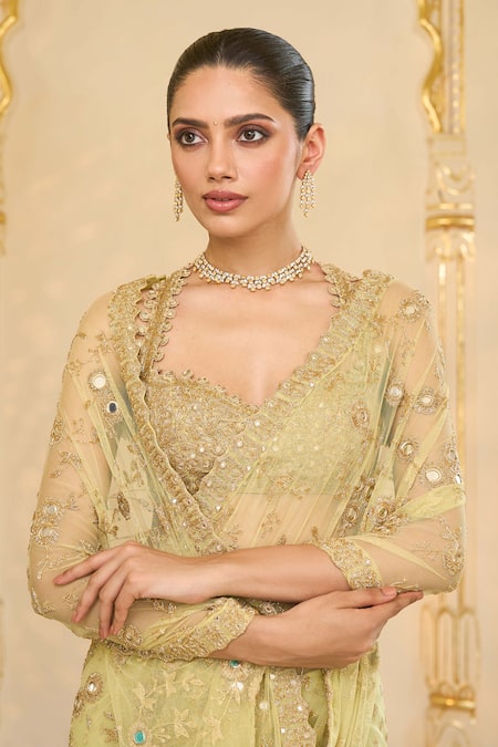 Buy_Arpita Mehta_Green Net Embroidery, Mirrors, Zari Sweetheart Jaal Ruffle Pre-draped Saree Set _Online_at_Aza_Fashions