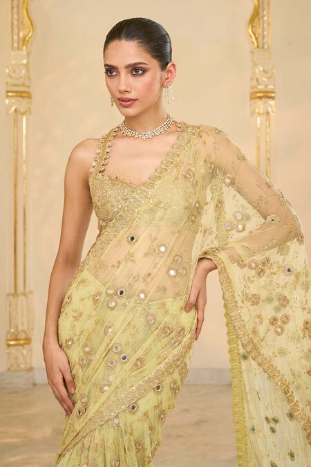 Shop_Arpita Mehta_Green Net Embroidery, Mirrors, Zari Sweetheart Jaal Ruffle Pre-draped Saree Set _Online_at_Aza_Fashions