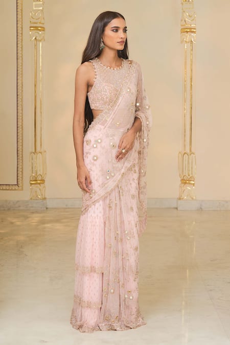 Arpita Mehta_Pink Net Embroidery, Mirrors, Sequins Round Neck Hand Jaal Ruffle Saree Set _Online_at_Aza_Fashions