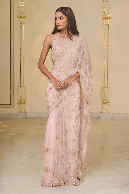 Buy_Arpita Mehta_Pink Net Embroidery, Mirrors, Sequins Round Neck Hand Jaal Ruffle Saree Set _Online_at_Aza_Fashions