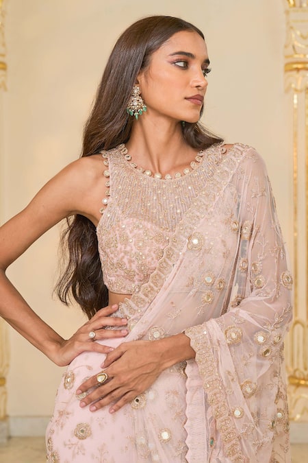 Arpita Mehta_Pink Net Embroidery, Mirrors, Sequins Round Neck Hand Jaal Ruffle Saree Set _at_Aza_Fashions