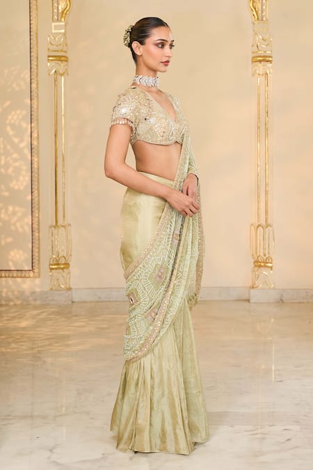 Arpita Mehta_Green Tissue, Net Embroidery, Mirrors, Sequins V-neck Godet Hand Saree Set _Online_at_Aza_Fashions