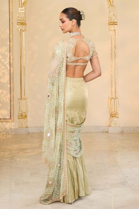 Shop_Arpita Mehta_Green Tissue, Net Embroidery, Mirrors, Sequins V-neck Godet Hand Saree Set _Online_at_Aza_Fashions