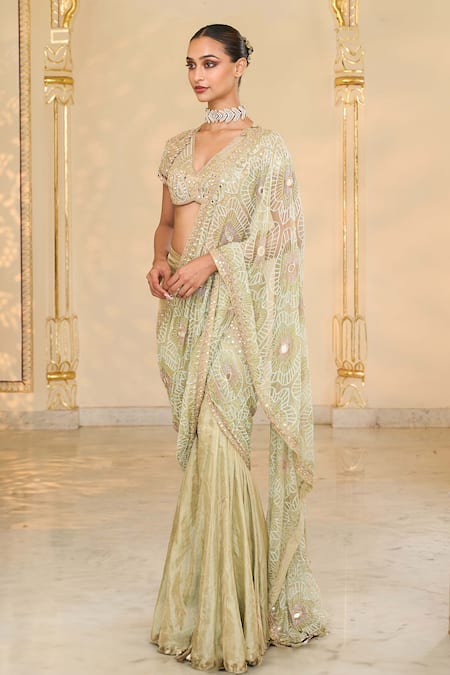 Arpita Mehta_Green Tissue, Net Embroidery, Mirrors, Sequins V-neck Godet Hand Saree Set _at_Aza_Fashions