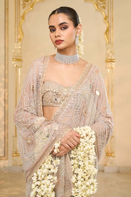 Shop_Arpita Mehta_Rose Gold Tissue, Net Embroidery, Mirrors, Sequins Godet Hand Sari Set _Online_at_Aza_Fashions