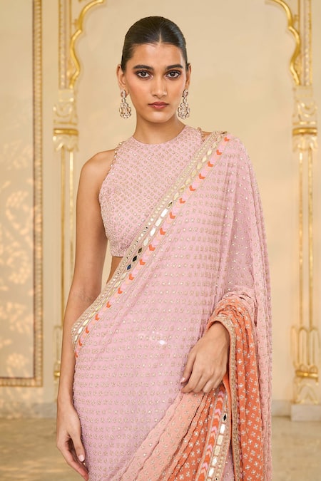 Arpita Mehta_Mauve Georgette Embroidery, Mirrors, Tassels Round Shaded Hand Star Sari Set _at_Aza_Fashions