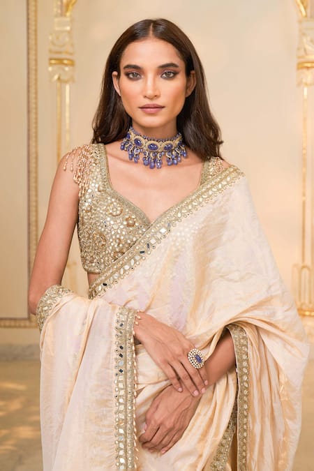 Shop_Arpita Mehta_Gold Tissue, Net Mirrors, Sequins, Embroidery V-neck Hand Saree And Blouse Set _Online_at_Aza_Fashions