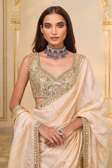 Arpita Mehta_Gold Tissue, Net Mirrors, Sequins, Embroidery V-neck Hand Saree And Blouse Set _at_Aza_Fashions