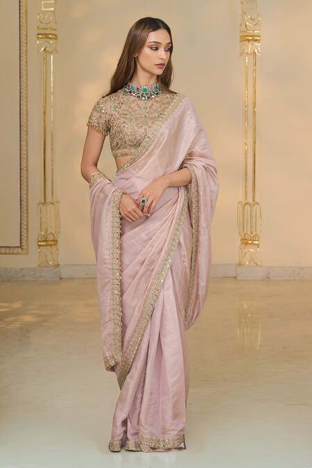 Buy_Arpita Mehta_Pink Tissue, Net Embroidery, Sequins, Stones, Zari Round Hand Classic Saree Set _Online_at_Aza_Fashions