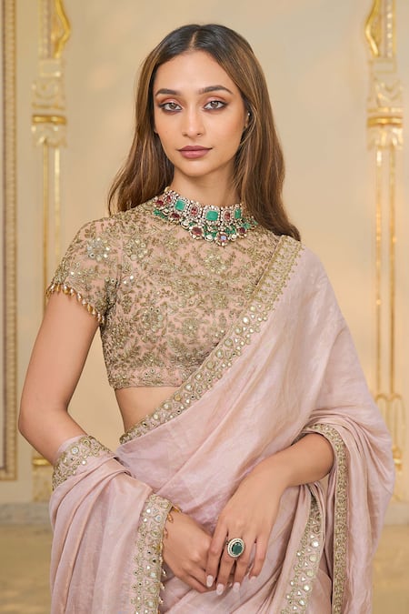 Shop_Arpita Mehta_Pink Tissue, Net Embroidery, Sequins, Stones, Zari Round Hand Classic Saree Set _Online_at_Aza_Fashions