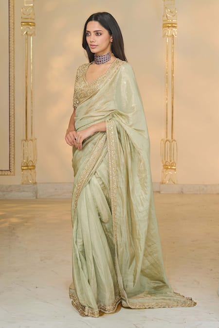 Arpita Mehta_Green Tissue, Net Embroidery, Sequins, Zari, Tassels V-neck Hand Sari Set _Online_at_Aza_Fashions