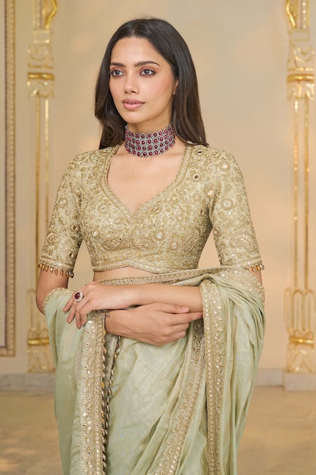Shop_Arpita Mehta_Green Tissue, Net Embroidery, Sequins, Zari, Tassels V-neck Hand Sari Set _Online_at_Aza_Fashions