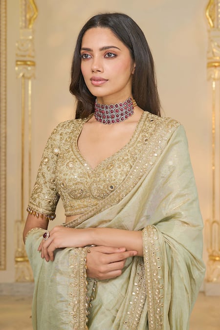 Arpita Mehta_Green Tissue, Net Embroidery, Sequins, Zari, Tassels V-neck Hand Sari Set _at_Aza_Fashions