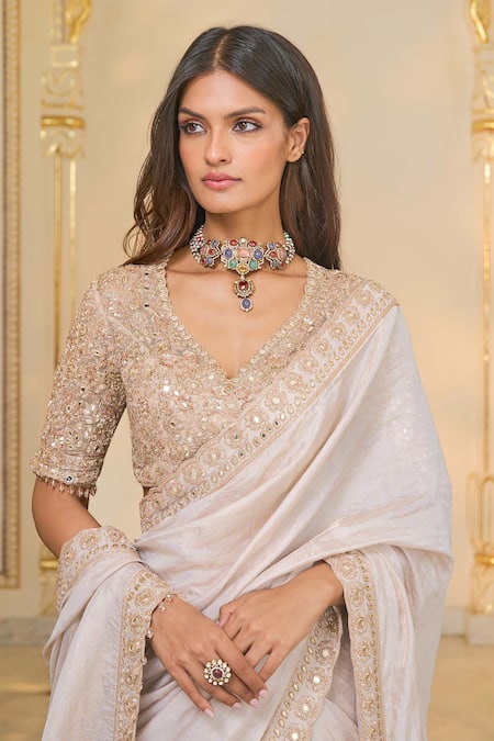 Shop_Arpita Mehta_Rose Gold Tissue, Net Embroidery, Sequins, Stones, Beads Hand Classic Sari Set _Online_at_Aza_Fashions