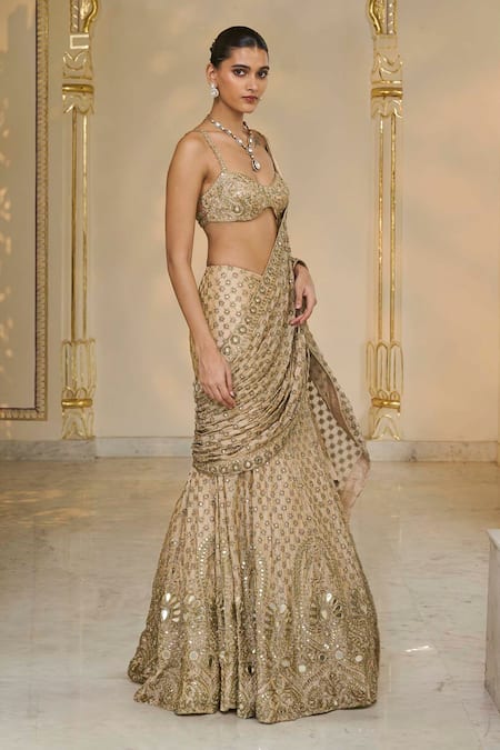 Arpita Mehta_Gold Tissue Embroidery, Mirrors, Zari Sweetheart Neck Hand Lehenga Set _Online_at_Aza_Fashions