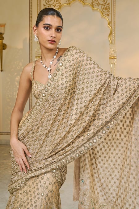 Arpita Mehta_Gold Tissue Embroidery, Mirrors, Zari Sweetheart Neck Hand Lehenga Set _at_Aza_Fashions