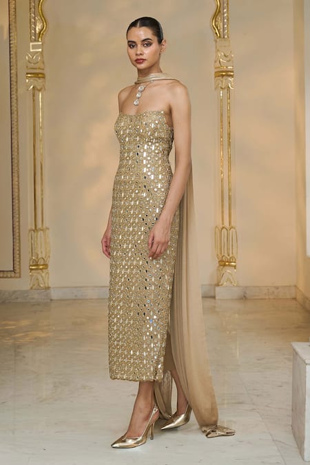 Arpita Mehta_Beige Georgette, Lycra Mirrors, Beads Bandeau Neck Bodycon Tunic And Slim Dupatta _Online_at_Aza_Fashions