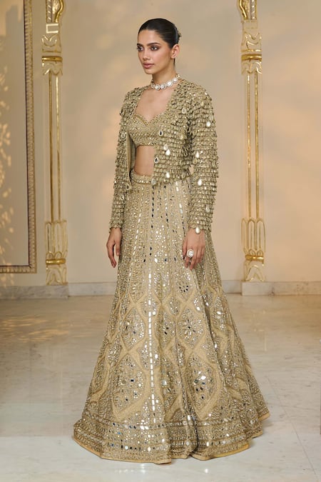 Arpita Mehta_Gold Tissue, Net Mirrors, Embroidery, Metallic Thread Sweetheart And Lehenga Set _Online_at_Aza_Fashions