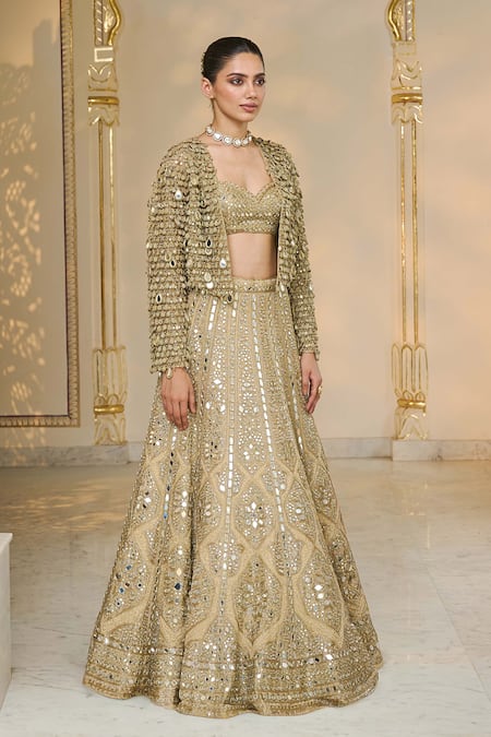 Buy_Arpita Mehta_Gold Tissue, Net Mirrors, Embroidery, Metallic Thread Sweetheart And Lehenga Set _Online_at_Aza_Fashions