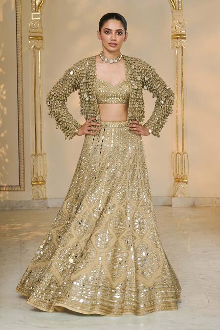 Shop_Arpita Mehta_Gold Tissue, Net Mirrors, Embroidery, Metallic Thread Sweetheart And Lehenga Set _Online_at_Aza_Fashions
