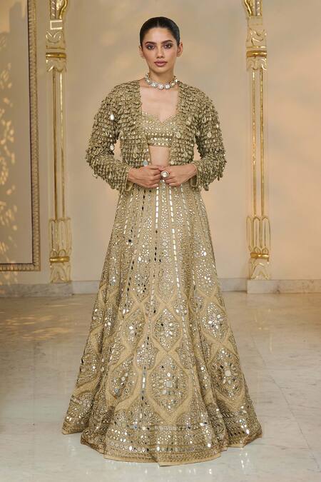 Shop_Arpita Mehta_Gold Tissue, Net Mirrors, Embroidery, Metallic Thread Sweetheart And Lehenga Set 