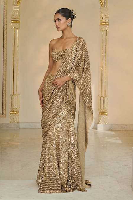 Arpita Mehta_Gold Georgette Sequins, Embroidery Bandeau Neck Hand Pre-draped Saree Set _Online_at_Aza_Fashions