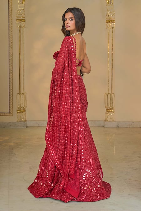 Arpita Mehta_Red Organza, Net Mirrors, Embroidery Hand Pre-stitched Lehenga Sari Set _Online_at_Aza_Fashions