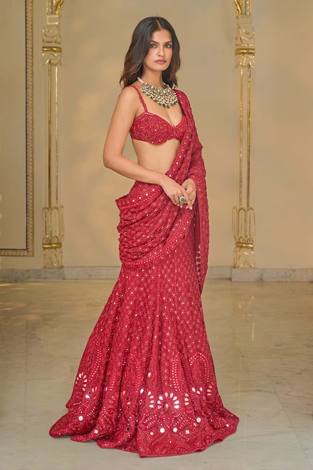 Buy_Arpita Mehta_Red Organza, Net Mirrors, Embroidery Hand Pre-stitched Lehenga Sari Set _Online_at_Aza_Fashions