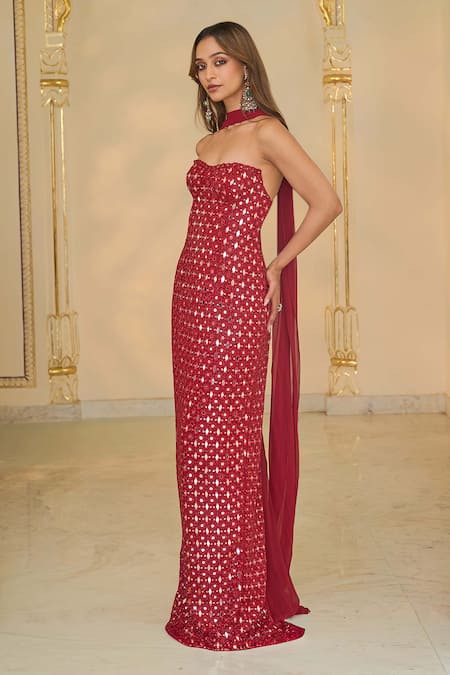 Buy_Arpita Mehta_Red Georgette Mirrors Bandeau Neck Gold Bodycon Tunic And Slim Dupatta _Online_at_Aza_Fashions