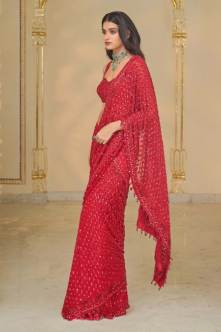 Buy_Arpita Mehta_Red Georgette Sequins, Mirrors, Embroidery Hand Pre-draped Saree And Blouse _Online_at_Aza_Fashions