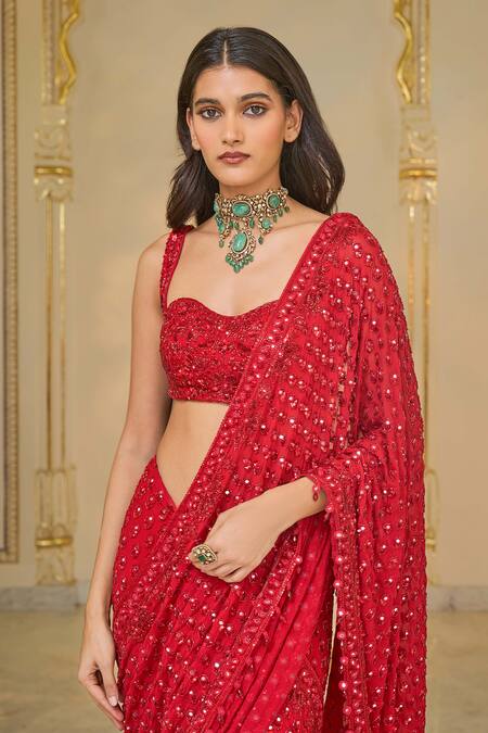 Shop_Arpita Mehta_Red Georgette Sequins, Mirrors, Embroidery Hand Pre-draped Saree And Blouse _Online_at_Aza_Fashions