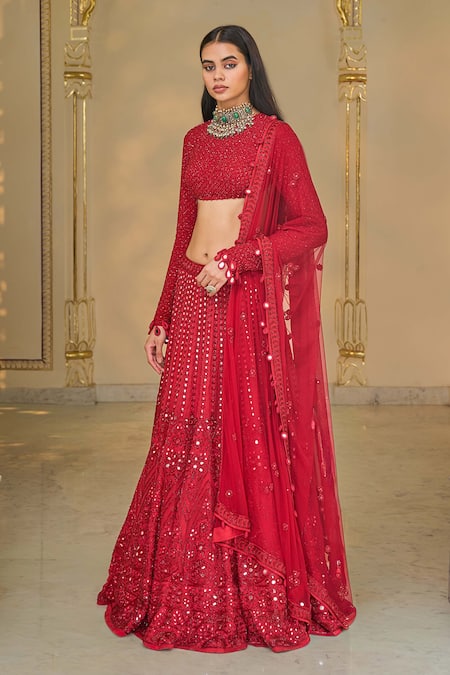 Arpita Mehta_Red Georgette, Net Embroidery, Mirrors, Sequins High Hand Linear Lehenga Set _Online_at_Aza_Fashions