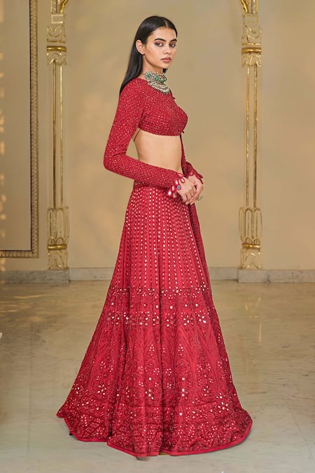 Buy_Arpita Mehta_Red Georgette, Net Embroidery, Mirrors, Sequins High Hand Linear Lehenga Set _Online_at_Aza_Fashions