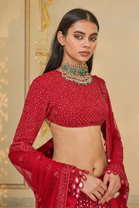 Arpita Mehta_Red Georgette, Net Embroidery, Mirrors, Sequins High Hand Linear Lehenga Set _at_Aza_Fashions
