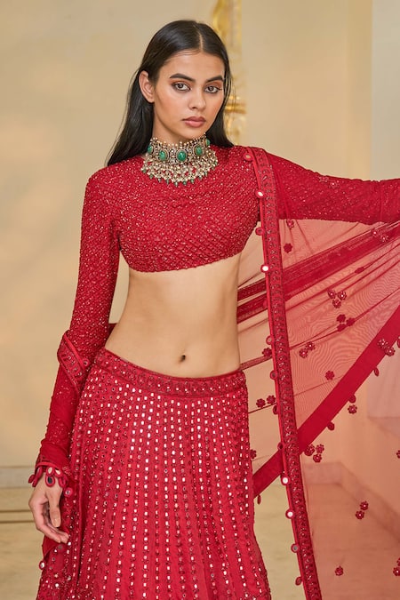 Buy_Arpita Mehta_Red Georgette, Net Embroidery, Mirrors, Sequins High Hand Linear Lehenga Set 