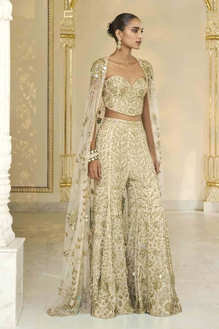 Arpita Mehta_Gold Net, Georgette Embroidery, Mirrors, Zari Hand Corset, Cape And Sharara Set _Online_at_Aza_Fashions