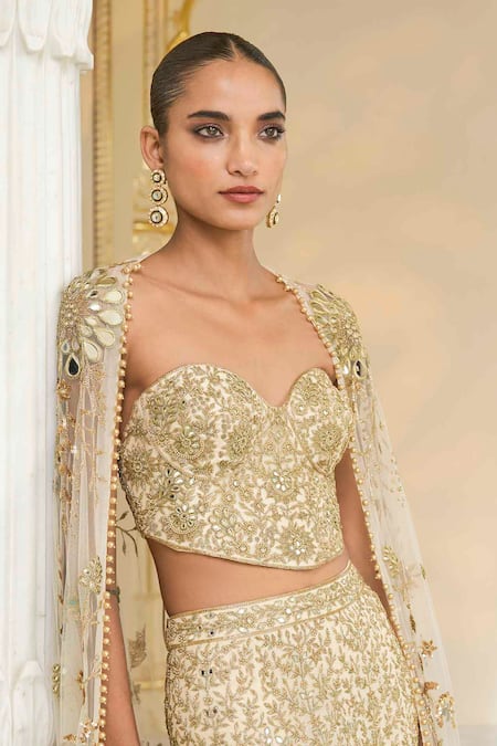 Buy_Arpita Mehta_Gold Net, Georgette Embroidery, Mirrors, Zari Hand Corset, Cape And Sharara Set _Online_at_Aza_Fashions