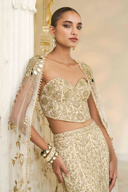 Shop_Arpita Mehta_Gold Net, Georgette Embroidery, Mirrors, Zari Hand Corset, Cape And Sharara Set _Online_at_Aza_Fashions