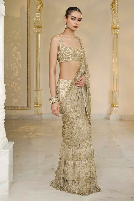 Buy_Arpita Mehta_Gold Net Embroidery, Zari, Sequins Sweetheart Hand Ruffle Pre-draped Sari Set _Online_at_Aza_Fashions
