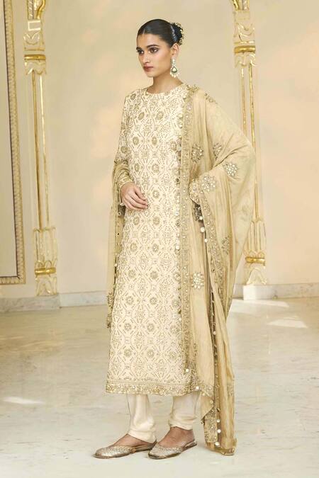 Shop_Arpita Mehta_Off White Georgette, Dupion, Tissue Bandhani Kurta Churidar And Dupatta Set _Online_at_Aza_Fashions