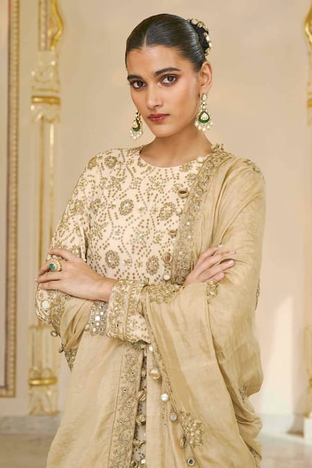 Arpita Mehta_Off White Georgette, Dupion, Tissue Bandhani Kurta Churidar And Dupatta Set _at_Aza_Fashions