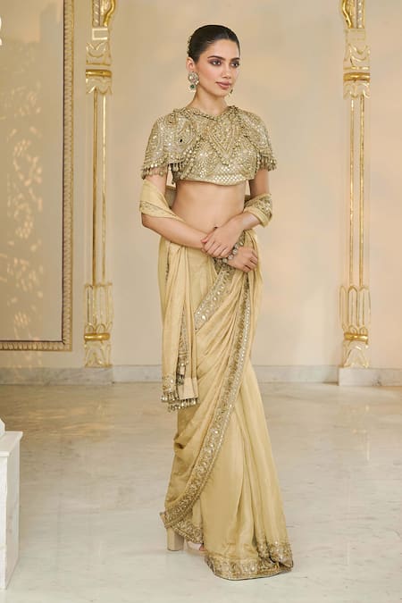 Arpita Mehta_Gold Tissue, Net Mirrors, Sequins, Embroidery Round Neck Saree And Hand Blouse _Online_at_Aza_Fashions